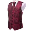 Men's Vests Hi-Tie Wine Red Tie Business Dress Silk Sleeveless Jacket 4PC Hanky Cufflink Paisley Suit Waistcoat Wedding Designer