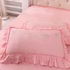 Ensembles de literie rose Double couche volants broderie housse de couette jupe de lit couvre-lit taies d'oreiller 4 pièces princesse coréenne coton