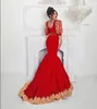 Röd lång sjöjungfru Evening Formal Dress for Women Gold Applique Brodery Albanska Mashallah Caftan Prom Celebrity Clows