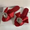 Luxury Satin Pleated Butterfly-Knot Lady Mules Sandals Sexy Open Toe Crystal Rhinestone Buckle Decor Flat Heel Slippers Women