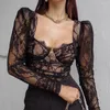 Kadın Tişörtleri Seksi Kadın Gömlek Mesh Dantel Uzun Kollu Şeffaf Üstler Kılıf Sheer Slim Ladies Buttleneck T-Shirt Giysileri