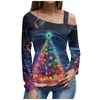 T-shirt da donna T-shirt stampata con albero di Natale Top con spalle scoperte alla moda Autunno inverno Pullover a maniche lunghe da donna Elegante Roupas Feminina