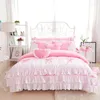 Ensembles de literie coton rose arc volants double taille ensemble de luxe coréen princesse couvre-lit housse de couette jupe de lit taies d'oreiller