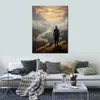 Misty Vale Panorama-Leinwanddruck, Kunstwerk eines Mannes auf dem Berg, Giclée-Bild für die Wanddekoration zu Hause