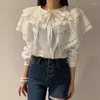 Blouses des femmes VSue Femmes Blanc Purple Col à manches longues Loose Solid Solid Ruffle Lace Patchwork Shirt Spring Summer B0749