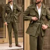 Costumes pour hommes Blazers manteau de chasse en laine verte avec ceinture veste Vintage pantalon tenue décontracté costume deux pièces ensemble 231110