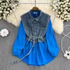 Women's Blouses Blusas Mujer De Moda 2023 Vintage For Wo Men Temperament Patchwork Denim Shirts Slim Waist Korean Fashion Tops Femme