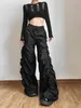 Pantaloni da donna Ragazze europee Sciolto Lavaggio Design a vita alta Pieghe Pieghe Gamba larga Lungo Punk Nero Versatile