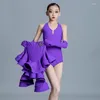 Stage Wear 2023 Latin Dance Costume Girls Purple Sleeveless Dress Ruffled Skirt Child Tango Chacha Ballroom SL7643