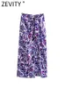 Spódnice Zevity Vintage Purple Purple Paisley Flower Print Knot Sarong Midi Squirt Faldas Print Fashion Fashion Fashion Fashion Fashion