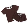 衣料品セット卸売夏の子供の物語生まれた男の子と女の子のTシャツショーツセット2ピースの子供用衣料品リブトップブルーマー230410