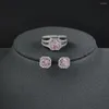 Necklace Earrings Set 2pcs Pack Silver Color Bride Cushion Cut Zircon Jewelry Engagement Ring Stud Earring For Women Gift J6989-pink