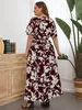 Plus size jurken bloemenprint bochtige maxi -jurk voor mollige vrouwen vintage elegante slanke fit kleding v nek groot formaat casual lang 2023 230410