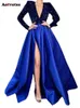 女性のための床の長さマキシファッションエレガントなスプリット長袖vネックシックなスパンコールイブニングドレス