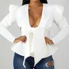 Women's Blouses Women V-Neck Slim Tops Shirts Long Sleeves With Waist Belt Bowtie Autumn 2023 Fashion Lady Bluas African Female