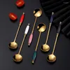 Dinnerware Sets Green Blue Black Small Round Spoon Vintage Coffee 04 Stainless Steel Ceramic Handle Cake Dessert Mug