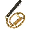 Hundhalsar 39 "15mm stark säkerhet Anti-Lost Collar Leash Chain Cuban Curb Link Rostfritt stål Guldton med läderhandtag