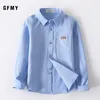 Barnskjorta gfmy Spring Autumn Oxford Textil full ärm Solid Color Blue Boys White Shirt 3T-14T Kid Casual School kläder 801 230410