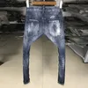 Herr jeans italienska vintage mode män retro mörkblå smal fit målad punk rippad streetwear spliced ​​hip hop cyklist pantsmen's