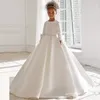 Girl Dresses Ivory White Satin Flower Dress Crystal Long Sleeve Trail Wedding Elegant Child Birthday Party Evening Ball Gowns