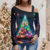 T-shirt da donna T-shirt stampata con albero di Natale Top con spalle scoperte alla moda Autunno inverno Pullover a maniche lunghe da donna Elegante Roupas Feminina