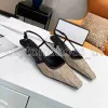 Zapatillas de diseñador Sandalias puntiagudas para mujer Resbalón en lona Sandalia Mujer Tacones altos sexy Bombas de cuero Diapositivas de playa de verano Hebilla Tacones de gatito Zapato de goma plano