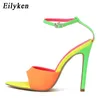 Sandaler Eilyeken Sexig spetsig tå Hög klackar Sandal Summer Fashion Mixed Color Buckle Strap Women Party Stripper Shoes 230410