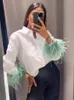 Women's Blouses High Street Fashion Women Shirts 2023 Removable Feather Long Sleeve Shirt Lapel Collar Button Up Elegant White Ladies Tops