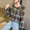 Damenblusen vielleicht u Frauen schick braun grün abwärtskragen Langarm Hemd Bluse Knopf Frühling Herbst Spitze Plaid B0734