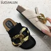 Dress Shoes SUOJIALUN Brand Design Women Slipper Fashion Big Gold Chain Sandals Shoes Round Toe Slip On Mules Flat Heel Casual Slides Flip F 231109