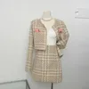 Vestidos de trabalho outono tweed fã jaqueta de lã saia conjunto de duas peças/ternos femininos doce rosa festa