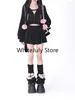 Work Dresses 2023 Autumn Black 2 Piece Skirt Set Women Casual Long Sleeve Kawaii Hooded Tops Elegant Y2k Mini Korean Sports Suits