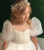 Mädchenkleider Tüll Spitze Blumenkleid Elfenbeinweiß Perlenschleife Prinzessin Hochzeit Süßes kleines Kind Party Erstkommunion Ballkleider