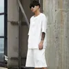 メンズTシャツメンコットンリネン2ピースセット（Tシャツショーツ）男性ストリートウェアヒップホップカジュアルシャツワイドレッグショーツホワイトブラックティー