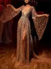 女性のためのスパンコン新しいファッションvネックフレアスリーブラインヴィンテージセクシーなシックなスリムイブニングドレス