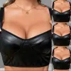 CAMESOSS Tanks Elastische natte look Patent Leather Bra V Nek Schouder Lady Strap Crop Tops Uniform Temptation Clubwear Lenceria Femenina 230410