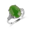 Anneaux de cluster Véritable 925 Silver Jasper Bague réglable avec certificat rétro 10x14mm Perles Vert HeTian Jade Finger Femme Cadeau Bijoux