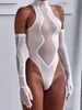 Women s Jumpsuits Rompers BOOFEENAA Sheer Mesh Bodysuit with Gloves Sexy Tops Clubwear See Through Rave Outfits for Women Festival Clothing C87 DA16 220410