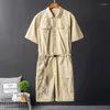 Mäns shorts 2023 Sommar kort ärm Jumpsuit Men overaller LAPEL SOLID FÄRGEN BOLLOGA TACKSTRING TIE MIDE GRÖNA KHAKI PANTER