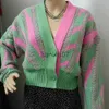 Kadın Sweaters Kadınlar Renk Blok Yeşil Mahsul Cardigan High Street Uzun Kollu Örgü Top 2023 Sonbahar Kış Yeni Kore Dongdaemun Moda J231110