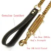 Hundhalsar 39 "15mm stark säkerhet Anti-Lost Collar Leash Chain Cuban Curb Link Rostfritt stål Guldton med läderhandtag