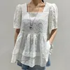 Women's Blouses Ladies Blouse Love Print White Shirt Women Summer Loose Casual Solid Color Tops Short Sleeve Square Neck Pullover Shirts