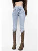 Women's Jeans High Waist Elastic Lift Hip Blue Washed Tight Straight Denim Pencil Pants Streetwear Femme Nine Points