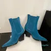 Nubuck skórzane, grube obcasy blokowe zachodnie buty mody kostki buty spiczaste designerskie buty kobiety niebieskie różowe różowe żółte brązowe 7,5 cm