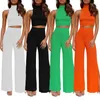 Casual Dresses Womens 2 Piece Outfits Mock Neck Sleeveless High Waist Crop Top And Wide Leg Pants Set Ribbed Knit Jumpsuits