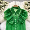 Chemisiers pour femmes Womens Green Layered Ruffles Blouse Chic Designer Sexy Polo Collar Shirts Vintage See Through Loose Tops Blusas Mujer