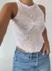 Camisoles Tanks Sequin Sticked Tank Top Women Summer Asymmetrical Hollow Out Crop Sexy Night Club Party S White 230410