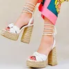 Sandaler Square Toe Wrapped Espadrilles Classic flätad Chunky Heel Summer Platform Ankel Lace Up Women Open Shoes