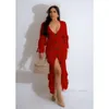 2023 Fall Fashion Knitted Dress Ribbed Sweater Coat Sexy Deep V-neck Single Breasted Long Sleeve V-neck Cardigan Midi Maxi Dresses For Woman