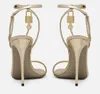 Elegant varumärke Keira Patent Leather Women Sandals Shoes Charm-utsmyckade kedjan Black Gold Padlock Heeled Pumps Lady Gladiator Sandalias .EU35-43